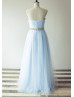 Strapless Sky Blue Pleated Tulle Long Prom Dress With Beaded Belt
